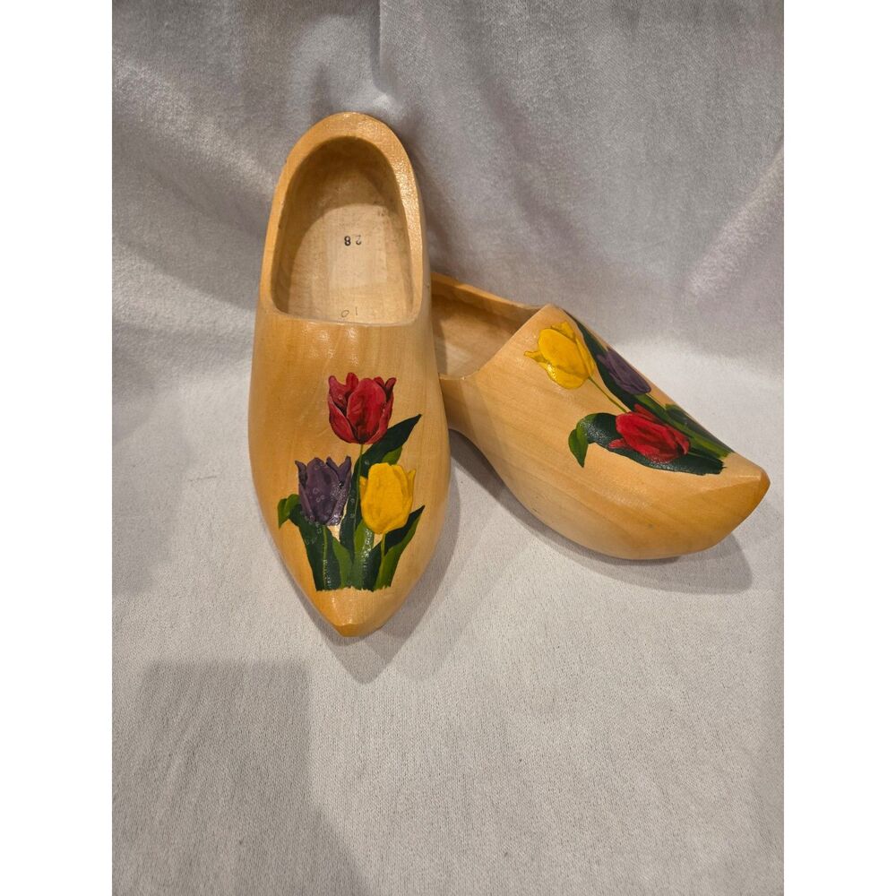 Vtg Dutch Wooden Shoes Clogs Hand Painted Tulips Size 28 Holland Souvenir Kids